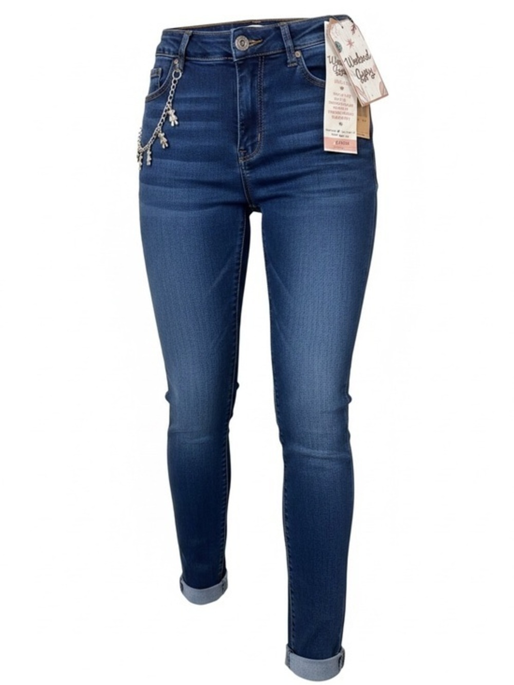 High-Rise Indigo Skinny Jeans with Charm Chain